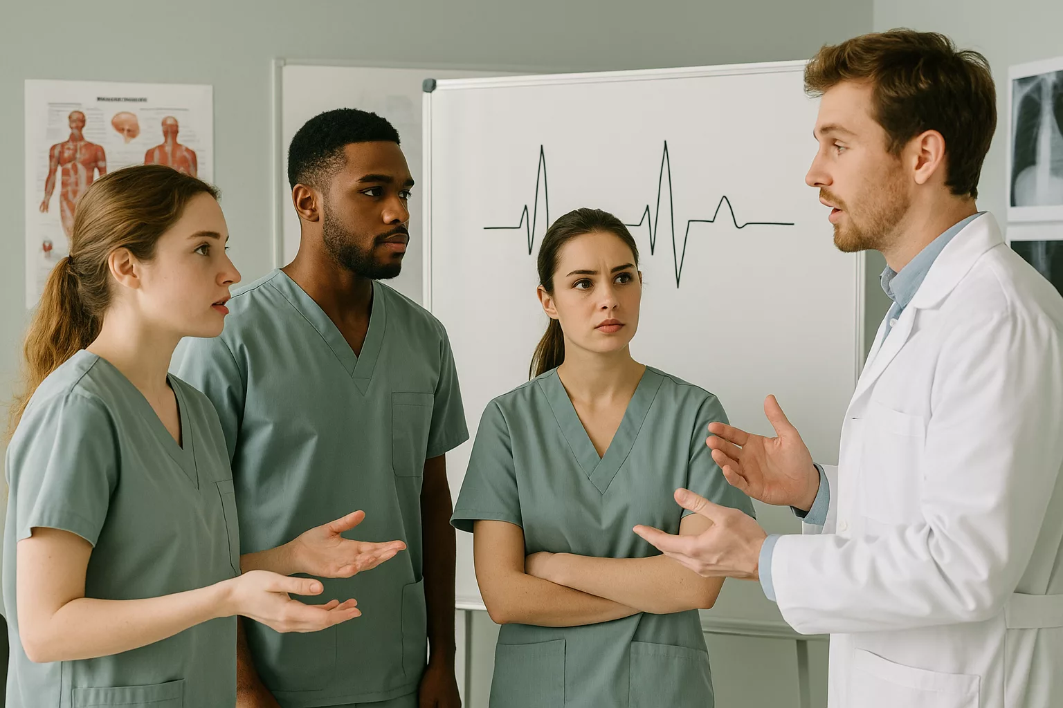 студенты обсуждают график ЭКГ у доски